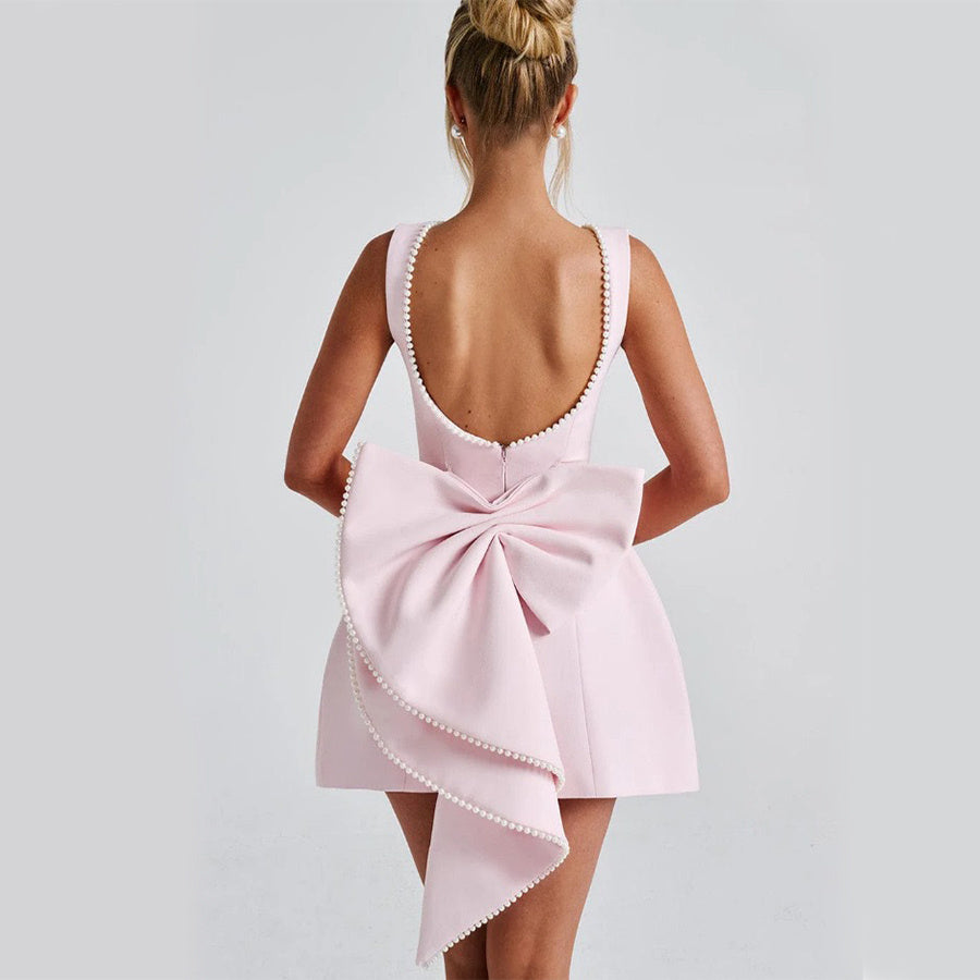Big-Bow Pearled Backless Dress