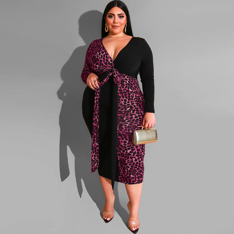 Multicolored Leopard Print Deep V Belted Dress