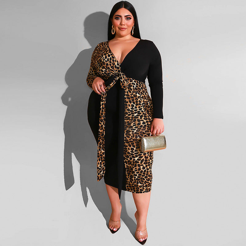 Multicolored Leopard Print Deep V Belted Dress