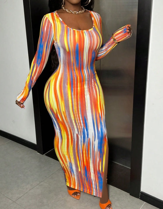Square Neck Printed Side Slit Hip Hugging Long Sleeved Dress