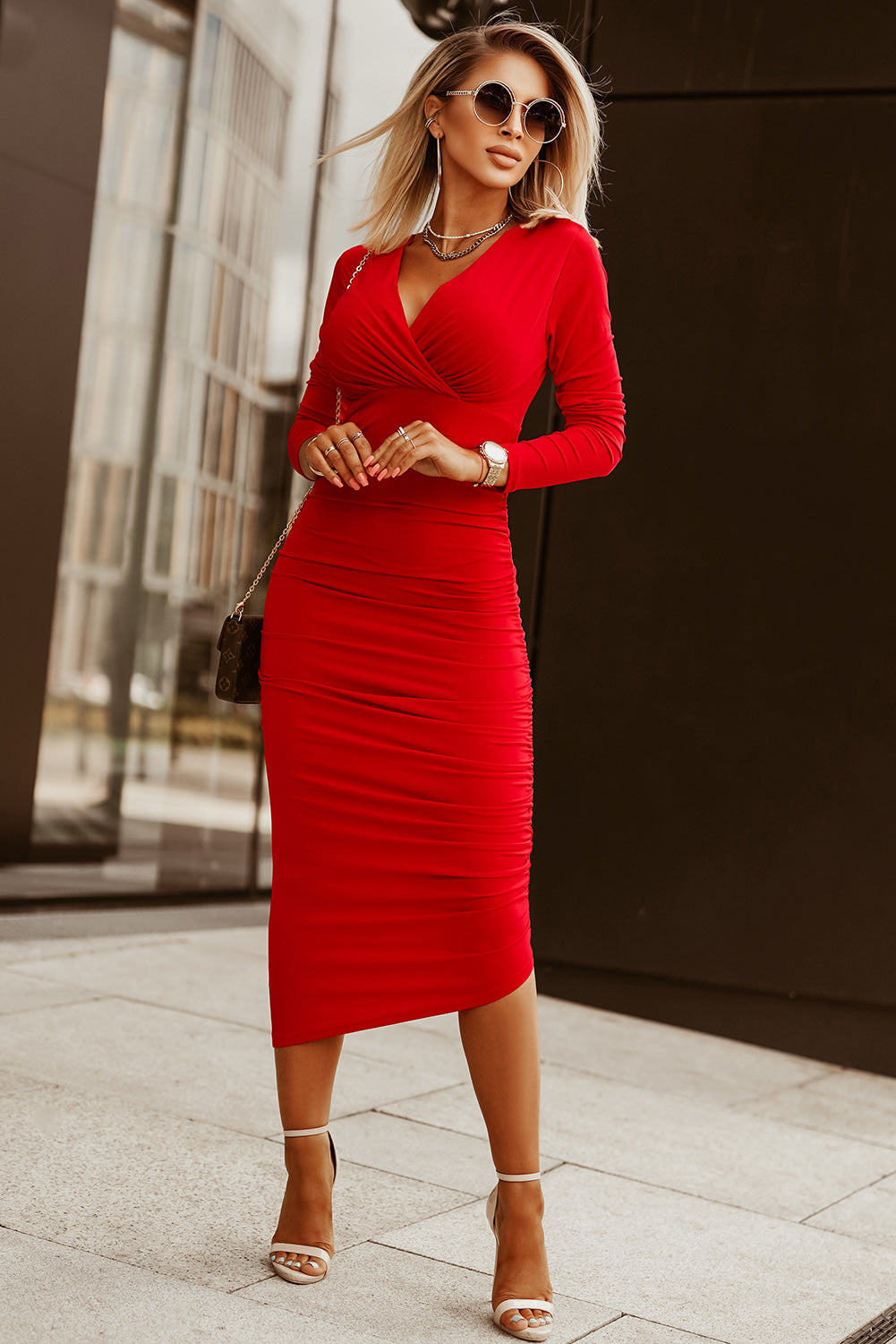 Fiery Red Long Sleeves V Neck Bodycon Dress