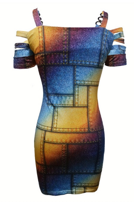V-neck Off Shoulder Printed Dress
