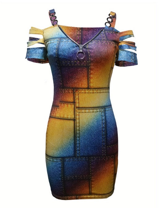 V-neck Off Shoulder Printed Dress