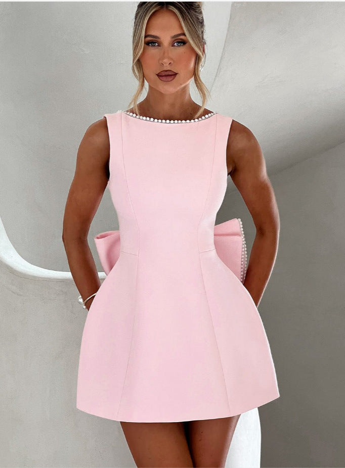Big-Bow Pearled Backless Dress