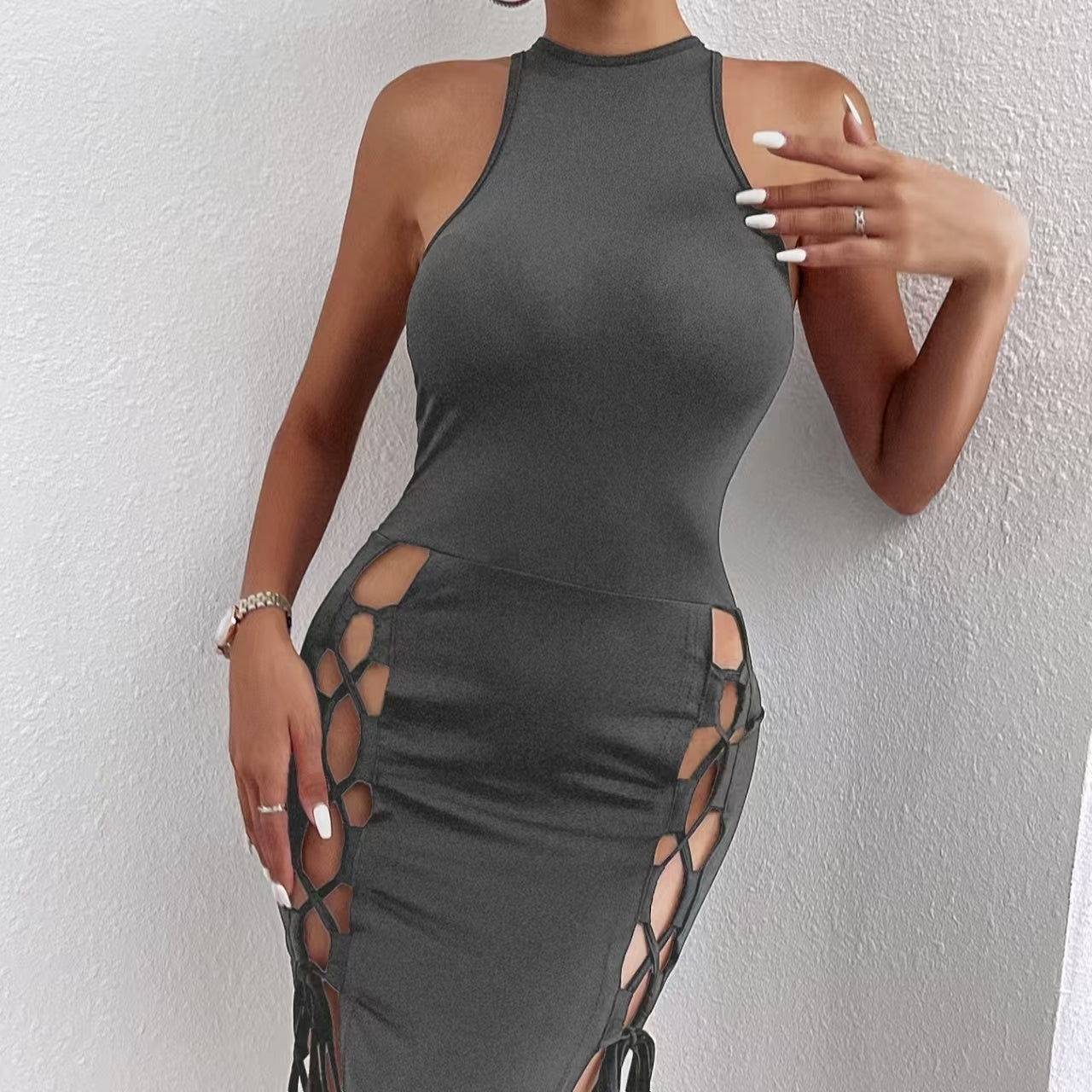 Solid Color Sleeveless Dress With Slit And Cross Tie