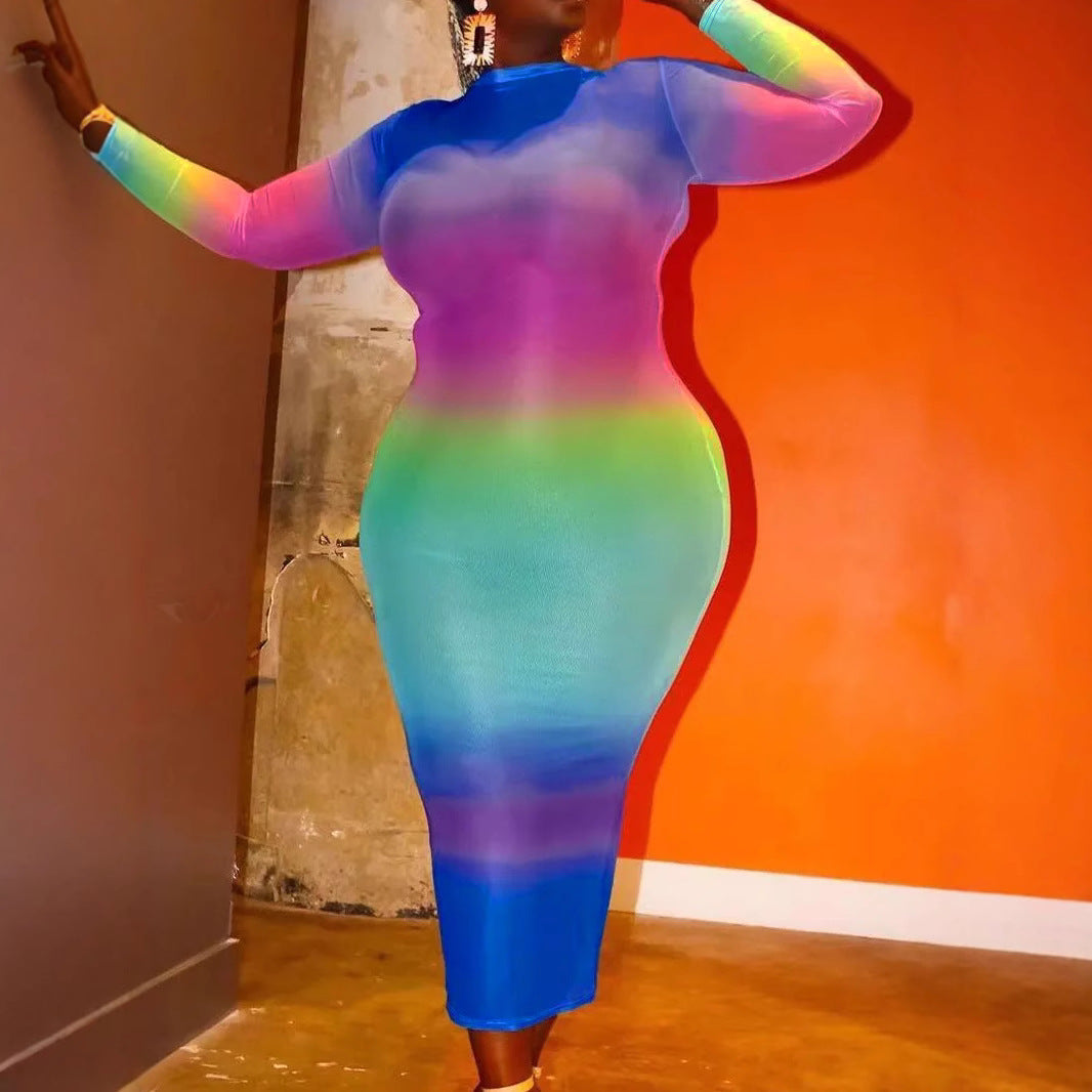 Casual Multi-colored Printed Long Sleeve Zipper Dress