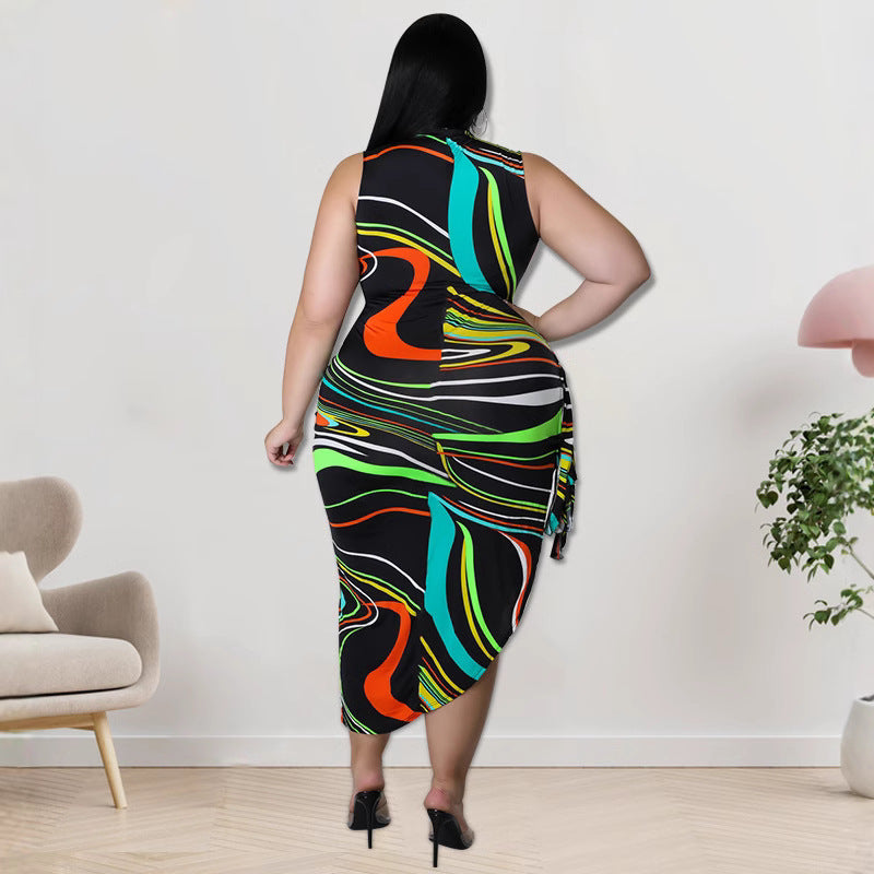 Asymmetric Print Strap Hip Hugging Dress