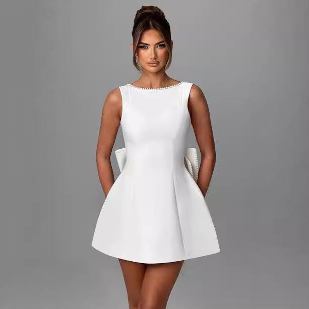 Big-Bow Pearled Backless Dress