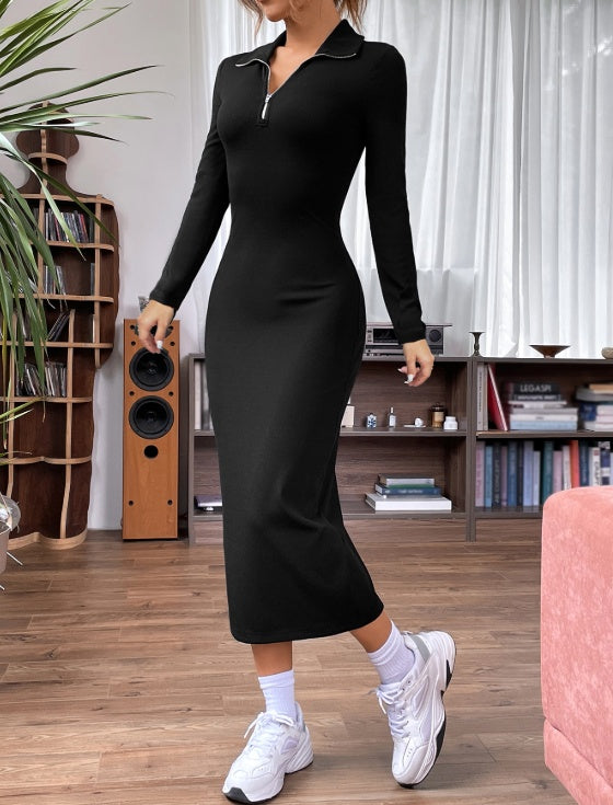 Solid Color V-neck Zipper Long Sleeved Dress