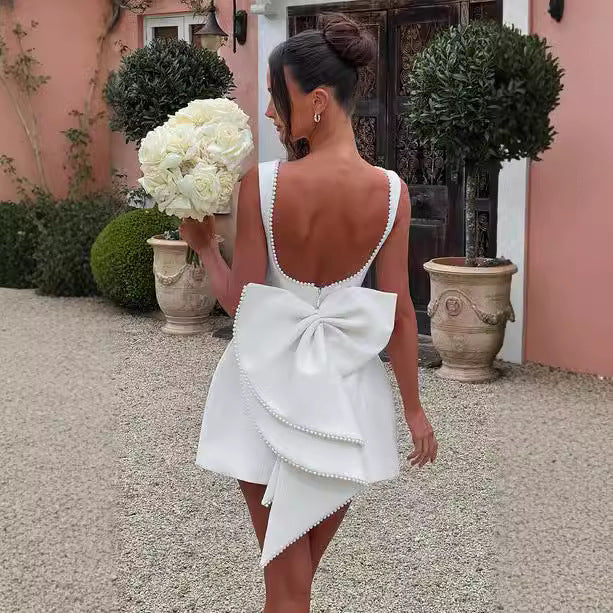 Big-Bow Pearled Backless Dress
