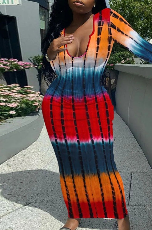 V-neck Printed Casual Bag Hip Dress