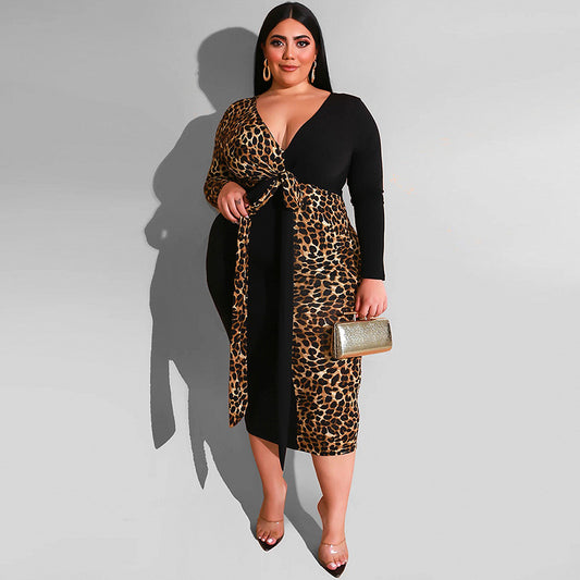 Multicolored Leopard Print Deep V Belted Dress