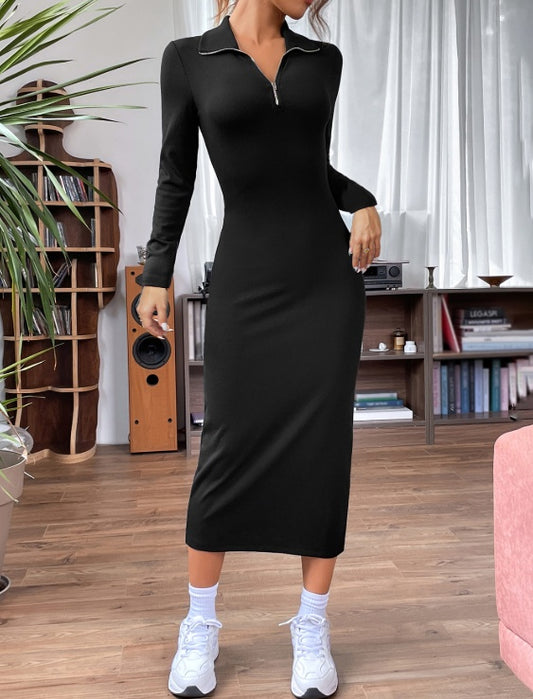 Solid Color V-neck Zipper Long Sleeved Dress