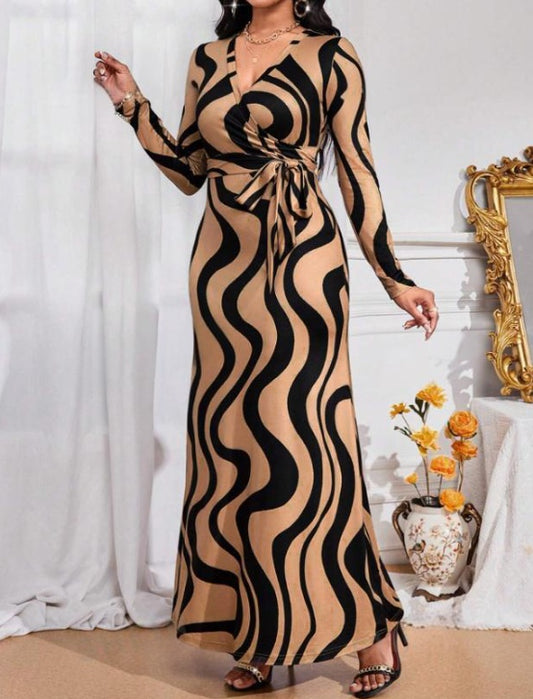 V-Neck Geo-Metric Designed  Long Sleeve Maxi Dress