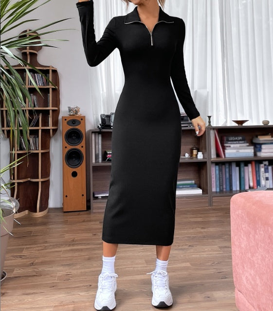 Solid Color V-neck Zipper Long Sleeved Dress