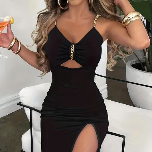 Elegant Slim Fit V-neck Cami Bodycon Dress w/High Cut Slit