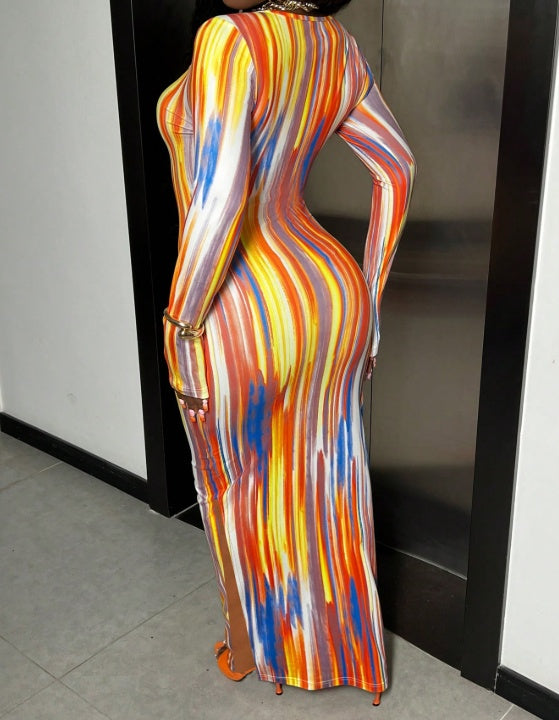 Square Neck Printed Side Slit Hip Hugging Long Sleeved Dress