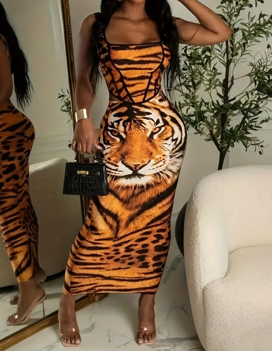 Tiger Print Slim Fit Casual Dress