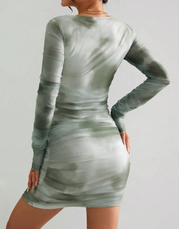 Square Neck Printed Slim Fit Dress