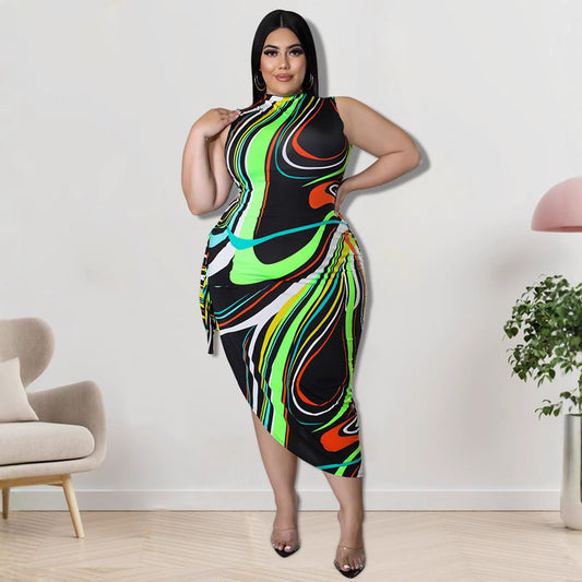 Asymmetric Print Strap Hip Hugging Dress