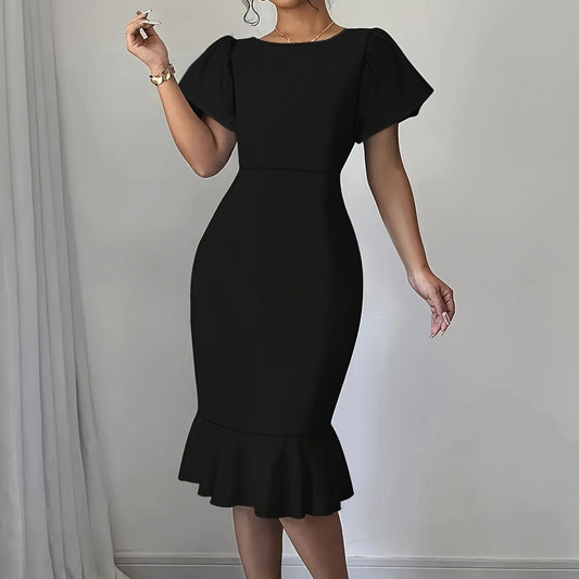 Fashionable Elegant Round Neck Ruffled Hem Mid Length Dress