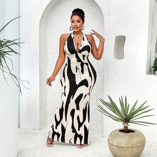 Black and White Abstract V Neck Backless Dress