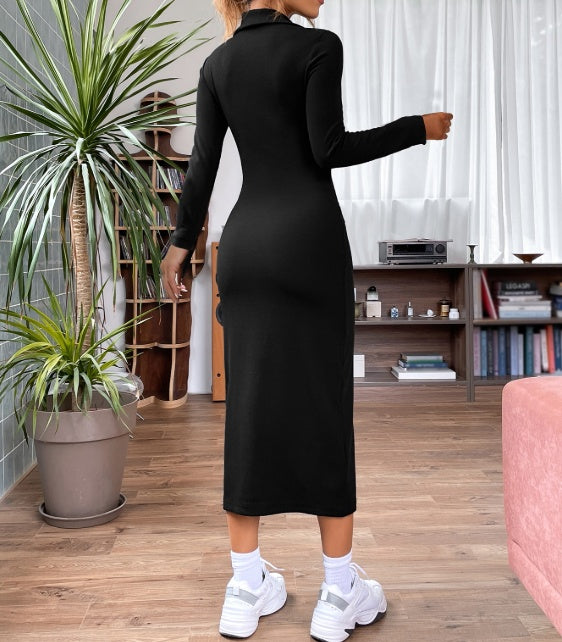Solid Color V-neck Zipper Long Sleeved Dress
