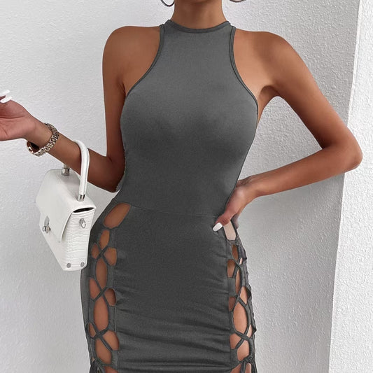 Solid Color Sleeveless Dress With Slit And Cross Tie