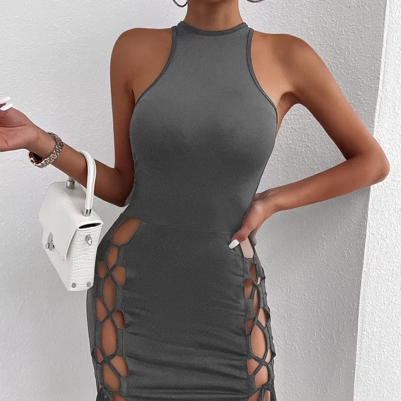 Solid Color Sleeveless Dress With Slit And Cross Tie