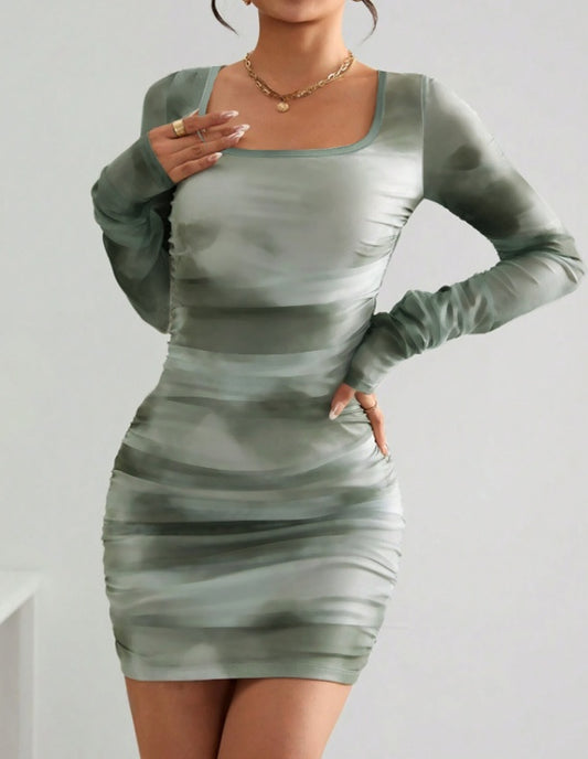 Square Neck Printed Slim Fit Dress